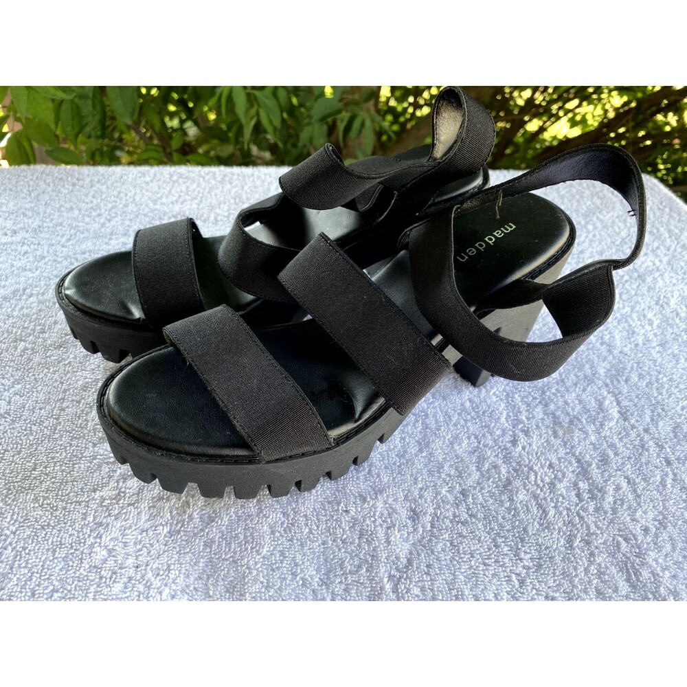 Madden Girl G-Spell Womens Sz 9M Black Open Toe Stretchy Straps Block Heel Shoes